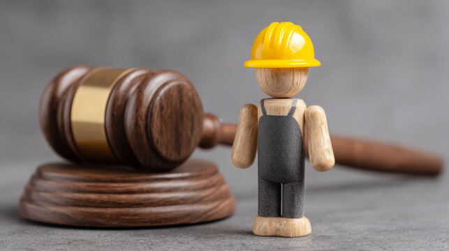 Wooden toy construction worker figure next to judges gavel for labor law and workers rights concept