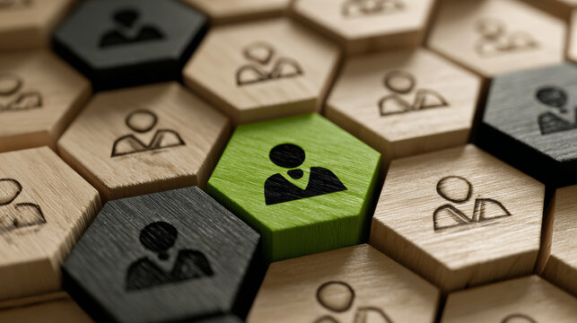 Close-up of wooden hexagon tiles with people icons and green highlighted candidate for hiring concept