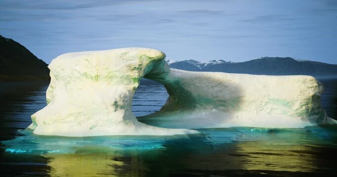 An arch shaped iceberg floats gracefully in the Arctic waters, reflecting intricate colors from the surface. Majestic mountains form a serene backdrop, enhancing the tranquil atmosphere.
