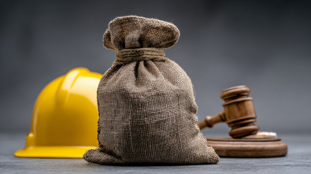Burlap money bag with yellow construction helmet and judges gavel for construction law and wages concept