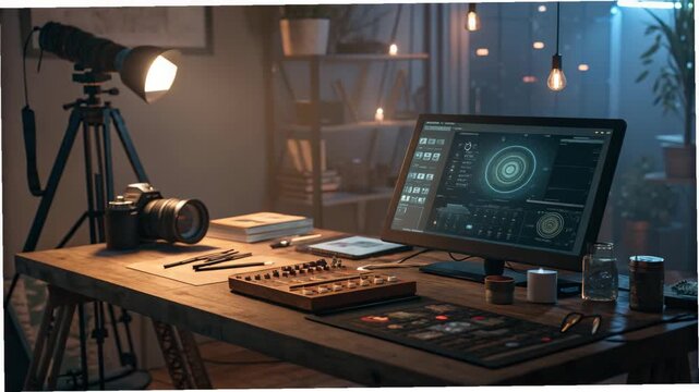 Creative workspace with laptop camera and telescope on desk cinematic lighting