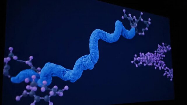 This 3D animation illustrates molecular interaction, showing purple molecules dynamically approaching and binding to a large, textured blue helical structure in a cellular environment.