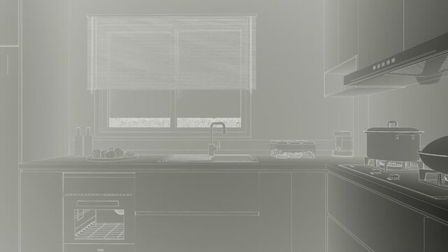 Modern Kitchen Interior Blueprint and Design Concept Illustration
