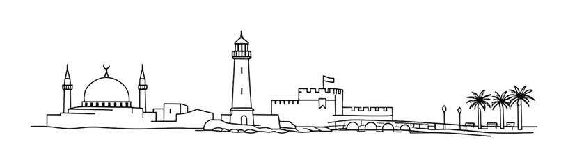 Mosque, lighthouse and fortress along a coastal skyline