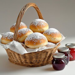 Freshly baked sweet bread rolls with powdered sugar in a woven basket accompanied by jars of jam on a neutral background perfect for bakery and breakfast themes