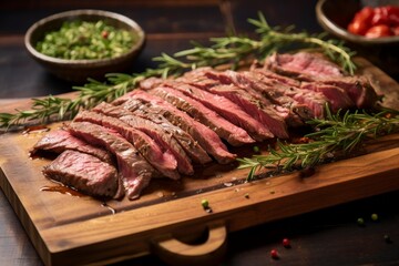 Sliced flank steak medium rare with rosemary and herbs on a rustic wooden cutting board