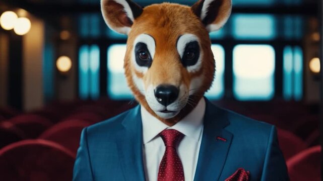 A person wearing a suit and a deer mask, likely for a costume or play