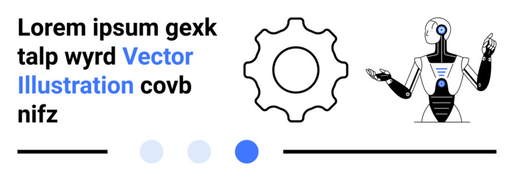 Humanoid robot gesturing near gear icon with text and circular indicators. Ideal for technology, innovation, artificial intelligence, automation, robotics, machinery, simple landing page