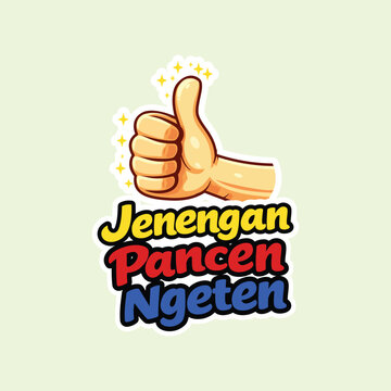 A vibrant hand drawn thumbs up illustration with sparkling stars and Javanese text on a light green background. Ideal for positive messaging stickers, social media, and chat app graphics.