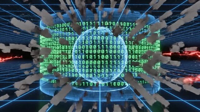 Abstract digital sphere with binary code and energy waves on grid background