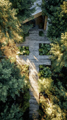 Top-down aerial view of a digital nomad entering a minimalist forest cabin