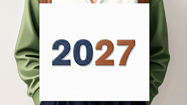 Person holding sign with the year 2027 in a casual outfit  