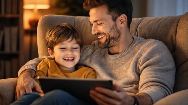 Father and son sit together on cozy chair at home looking at tablet, father and son connection expressed by digital interaction. Father&rsquo;s Day theme reflected in family technology, relaxed teaching.