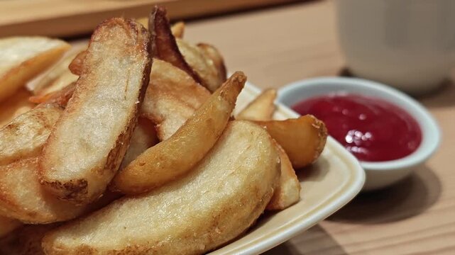Crispy french fry with ketchup.