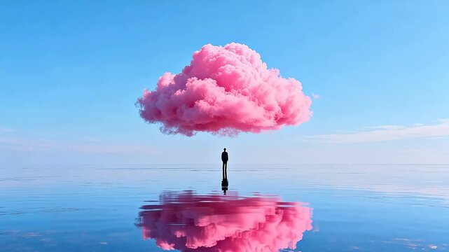 Person standing under pink cloud