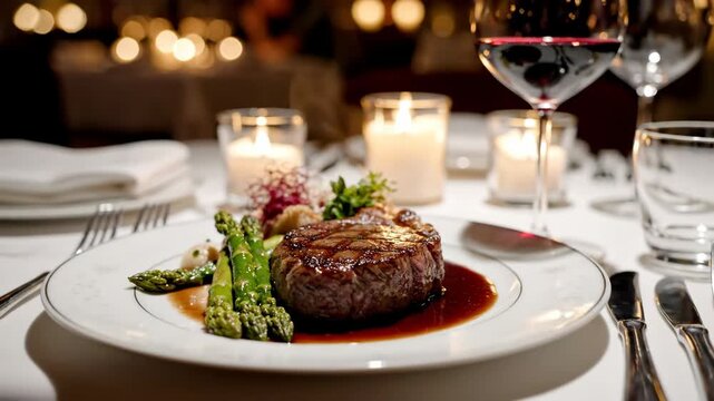Gourmet steak dinner with asparagus and red wine in restaurant setting with candlelight and soft bokeh background