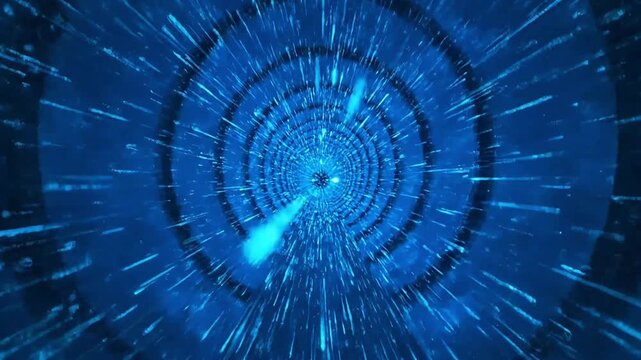 Futuristic warp speed journey through a vibrant blue data vortex and illuminated cyber pathways