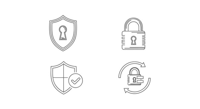 Security and protection icon collection. Includes shield, lock, verified, and refresh symbols. Created in line style with gray palette