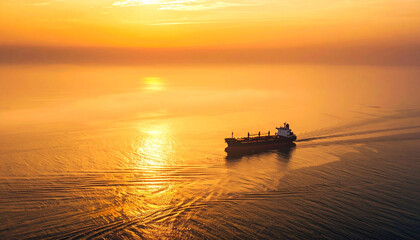 Obraz premium Cargo ship positioned on the right edge, calm expansive sea glowing under golden sunset light background