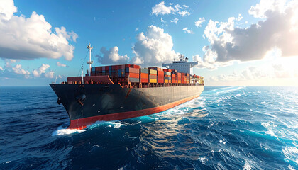 Fototapeta premium Side view of a massive cargo ship on the left, endless ocean filling the rest of the frame, slightly cloudy sky background