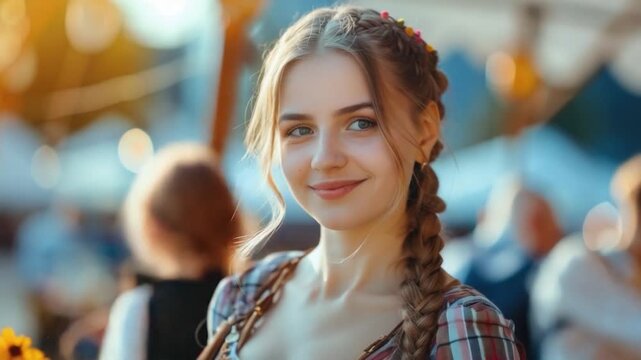 A happy woman wearing a colorful plaid dress smiles at the camera