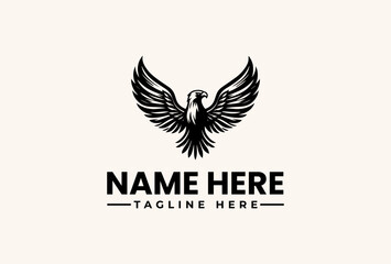 Obraz premium A black logo featuring an eagle with outstretched wings and a placeholder text 'NAME HERE' with 'TAGLINE HERE' on a beige background, with a flat design style and neutral tones.