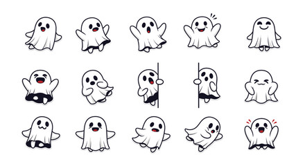 Fototapeta premium Cute cartoon ghosts in various poses for Halloween-themed designs 