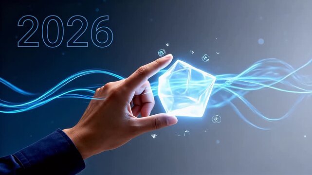 Hand holding glowing cube with year 2026