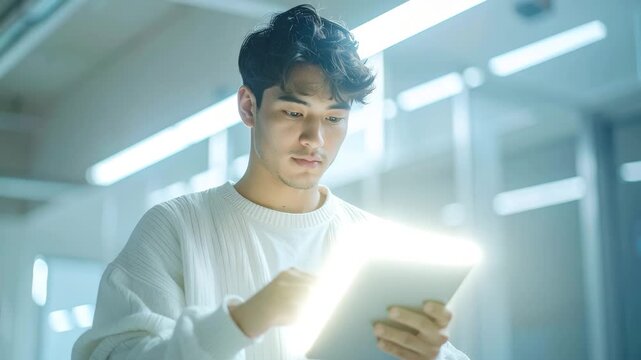 Tech-Savvy Innovator: A focused individual in a modern environment interacts with a tablet, his attention engrossed in the device.