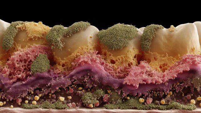Scientific close up of bacterial biofilm and plaque layers on tooth structure highlighting gum inflammation tooth decay and oral health risks in dental research concept