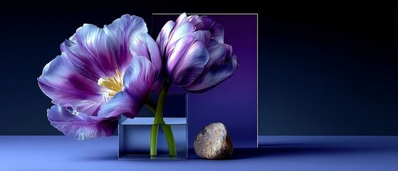 Purple Tulips in Glass Vase With Rock and Reflective Panel on Blue Background