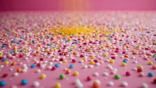 A close-up shot of a pink surface covered in colorful sprinkles, great for use in food or party themed designs