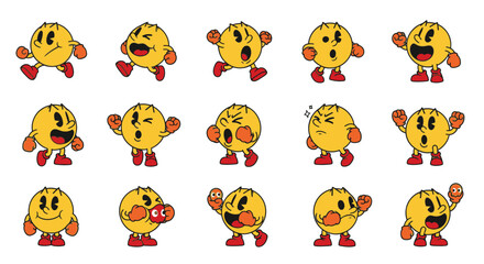 Naklejka premium Cartoon character expressions of a yellow round character with red shoes 