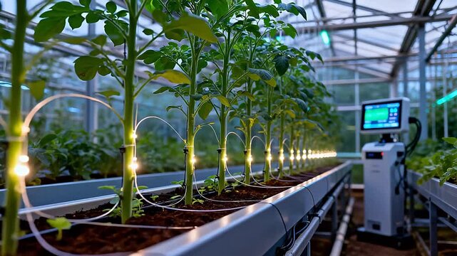 Greenhouse with plants and lighting