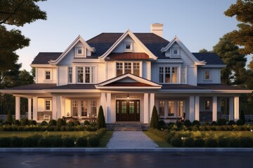 Obraz premium Beautiful residential property featuring classic architecture and a well maintained garden at sunset
