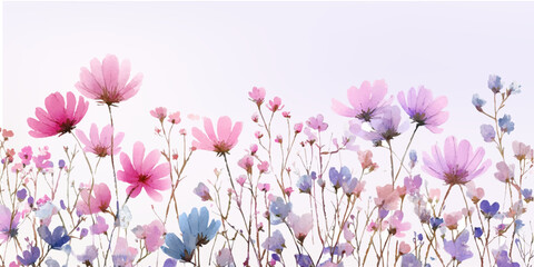 Watercolor wildflower frame with pink and orange blooms, perfect for spring wedding invitations, floral backgrounds, and botanical greeting card designs. Vector illustration. © Narin