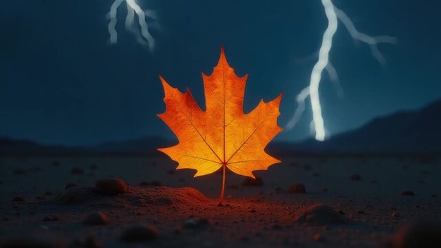 A single orange leaf sits on top of a sandy beach or ground, ideal for using as a symbol of change, transition or fall season ry