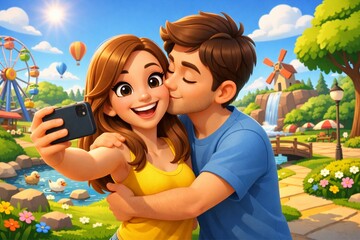Selfie, romance, love, kiss and happiness