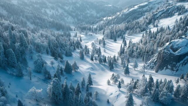 Snow covered mountain landscape with pine trees and valley captured from aerial perspective serene winter forest scenery in cold alpine wilderness natural environment