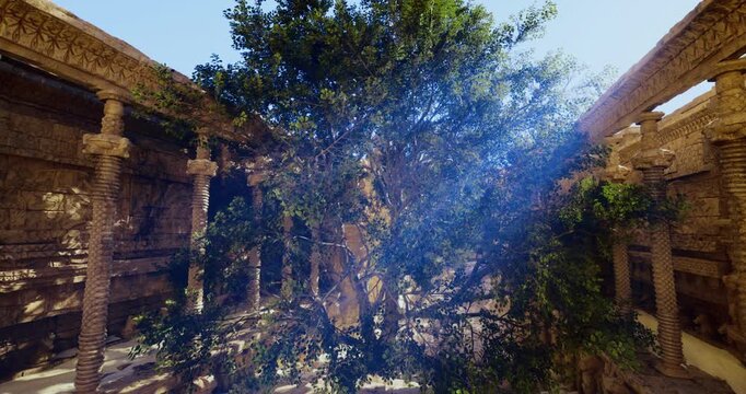 In a historic temple, ancient stone pillars support the structure while a majestic tree grows in the center. Sunlight casts a golden beam across the scene, illuminating the surrounding decor.