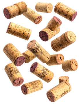 Flying falling wine corks isolated on transparent or white background