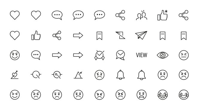 Social Media Emotions & Actions Line Icons. Digital Feedback & Engagement Set.