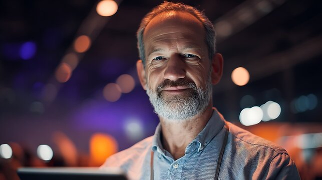 A middle-aged man with a beard and mustache smiling in a modern office at night silhouette