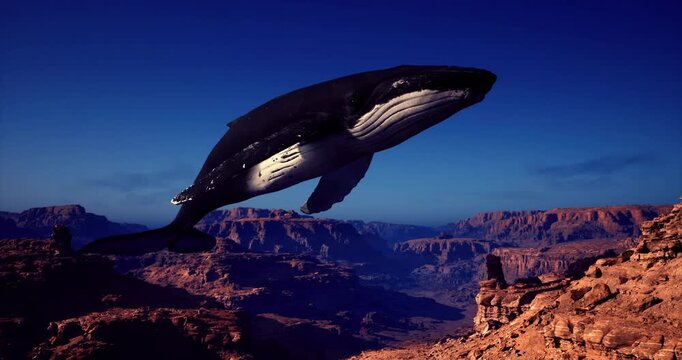 A massive whale gracefully flies above the stunning rock formations of the Grand Canyon during a vibrant sunset. This incredible moment showcases natures beauty and wonder.