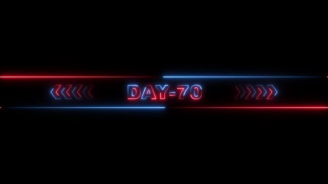 Neon Day 70 Countdown Timer with Blue and Red Glowing Lines on Black Background neon sign blue and red neon