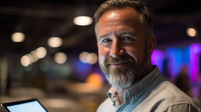 A middle-aged man with a beard and mustache smiling at a laptop in a modern office space silhouette