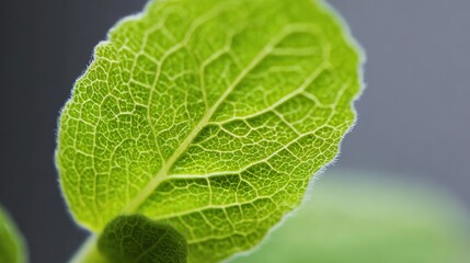 A close-up of a fresh mint leaf highlighting its vibrant green hue and intricate vein patterns.