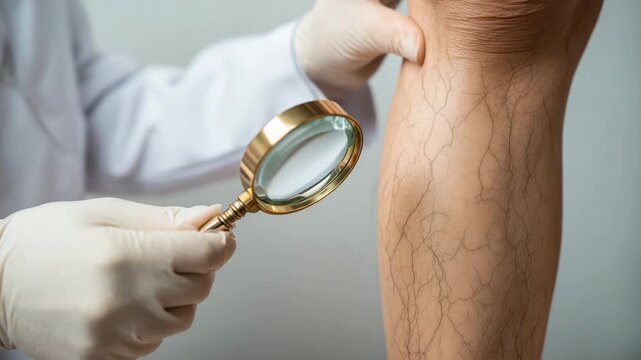 Close-up of a doctor in medical gloves holding a magnifying glass to examine varicose veins and spider veins on a patient's lower leg, representing vascular health, phlebology, and medical diagnosis