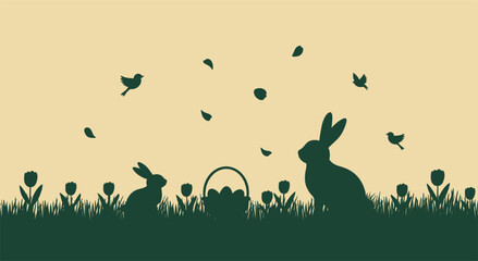 Easter spring silhouette scene with rabbits tulips egg basket flying birds and falling leaves for holiday greetings invitations posters packaging and seasonal marketing © Pixel Perfect PNG