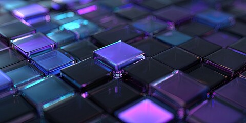 Obraz premium Close-up of glossy, cubic shapes in shades of purple, blue, and black. Dramatic lighting reflects on surfaces